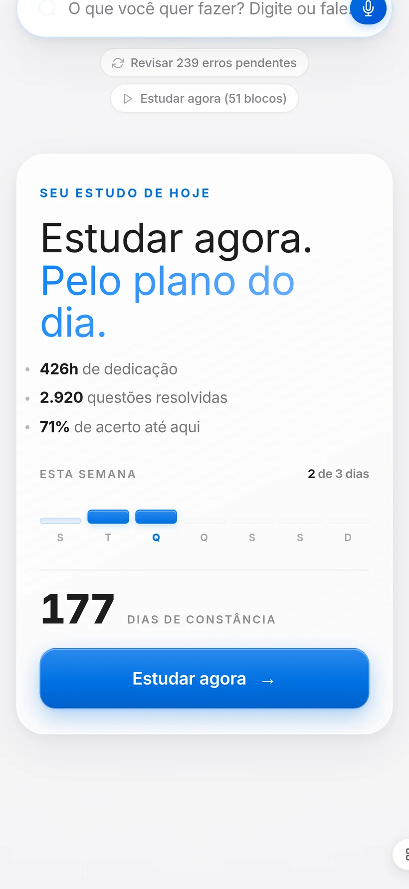 Tela inicial da Mentoria de Resultado com o plano do dia pronto para estudar